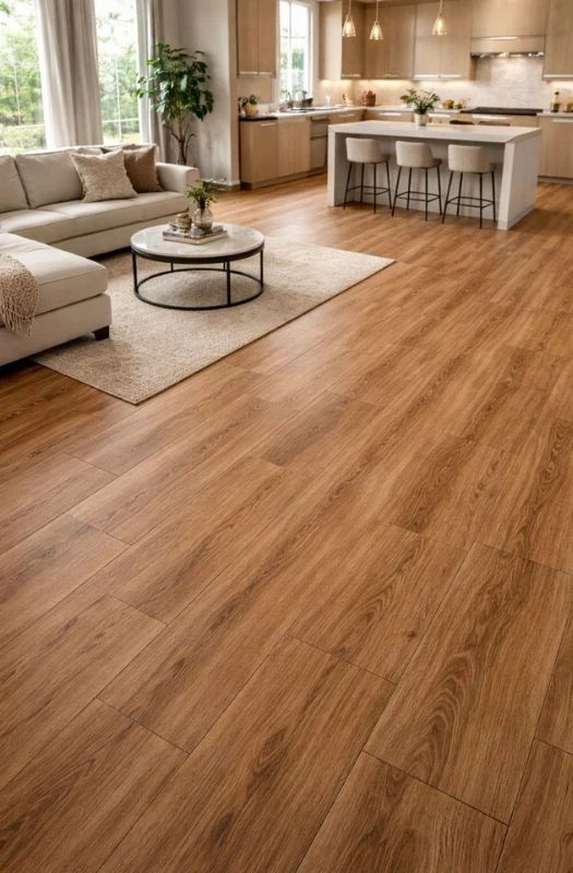 Luxury wood grain flooring Dubai for modern open kitchen.