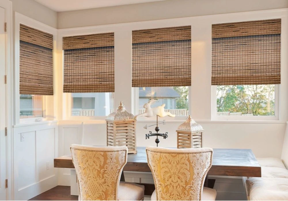 Dining area woven bamboo window blinds