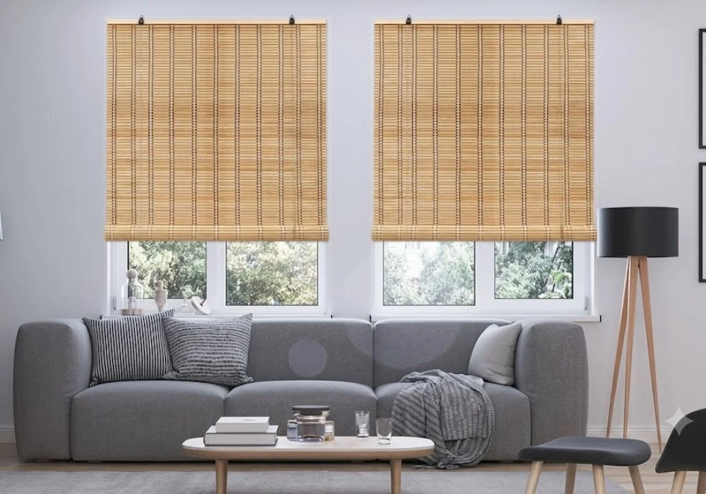 Modern grey sofa bamboo window blinds