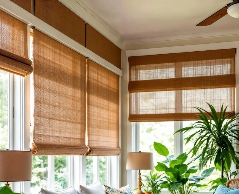 Light brown bamboo roman window shades