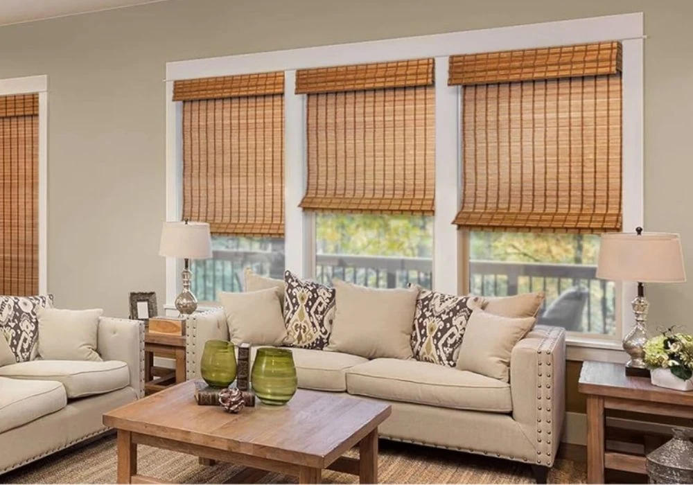 Warm beige living room bamboo blinds