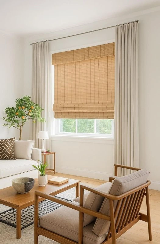 Beige roman bamboo shades with drapes