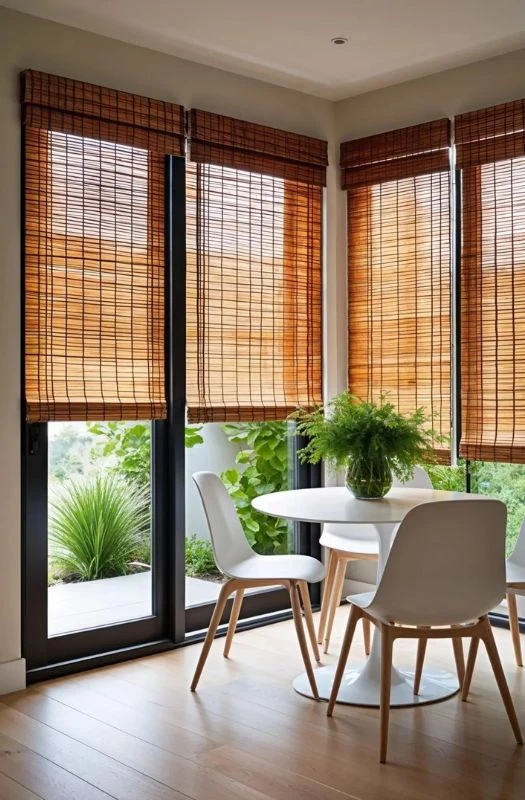 Modern dining area bamboo window blinds