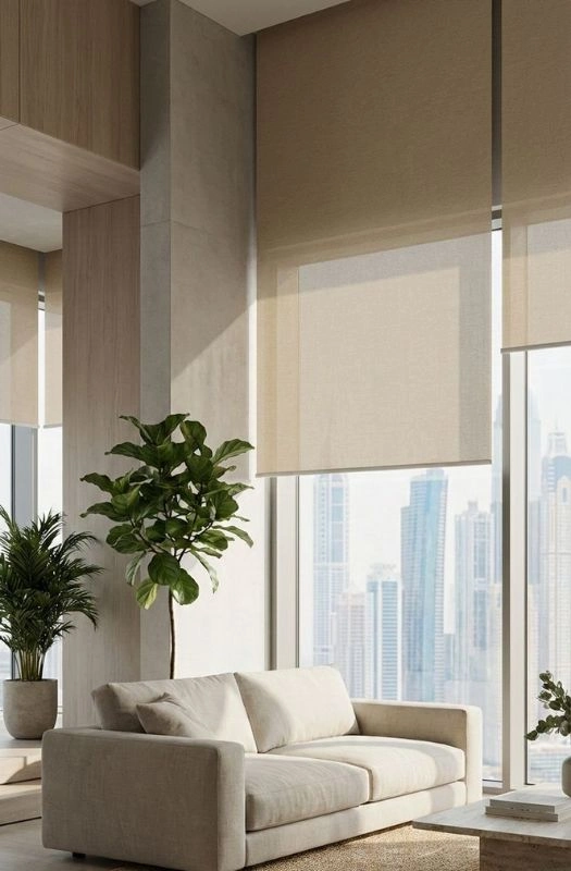 Beige high rise window blackout blinds