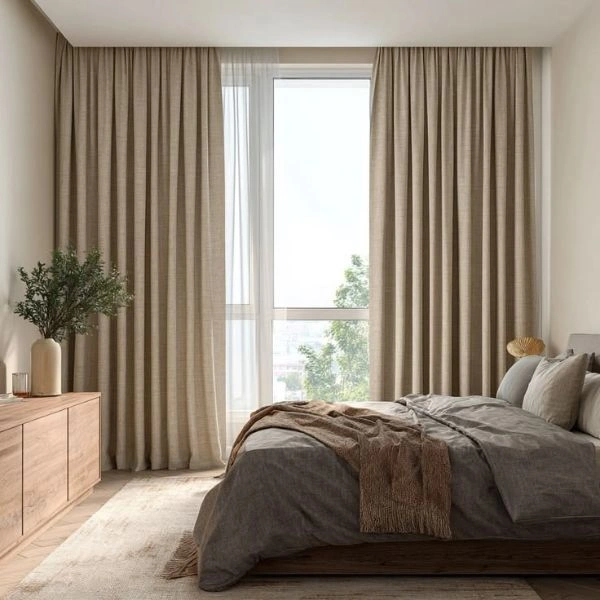 Neutral beige linen curtains cozy bedroom