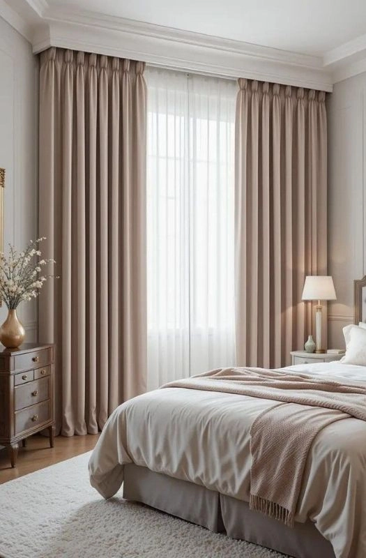 Soft beige linen curtains luxury bedroom