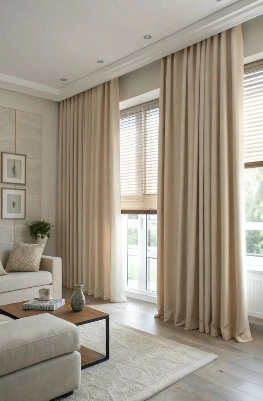 Elegant beige living room curtains floor length