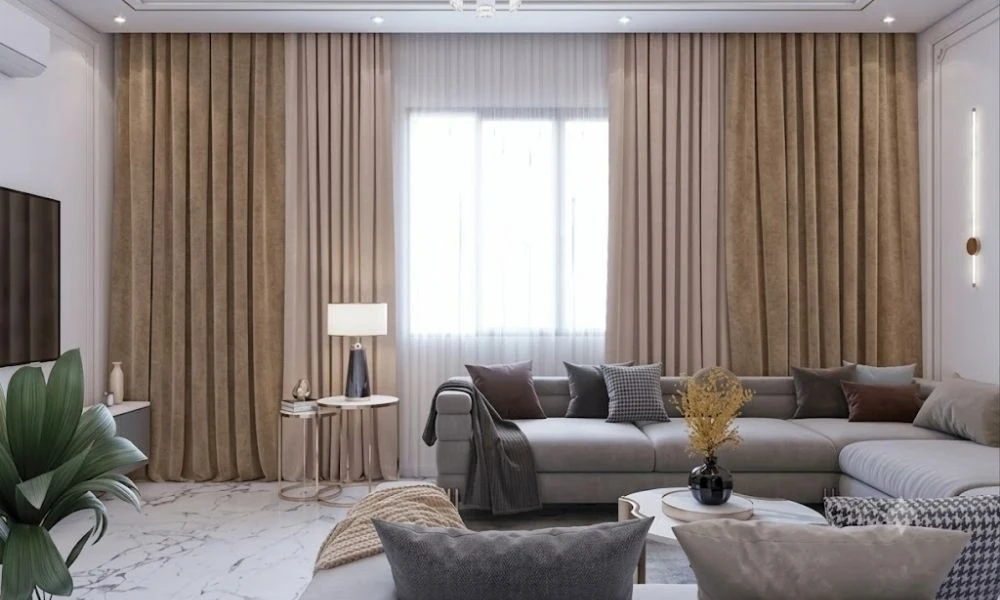 Premium beige living room curtains modern apartment