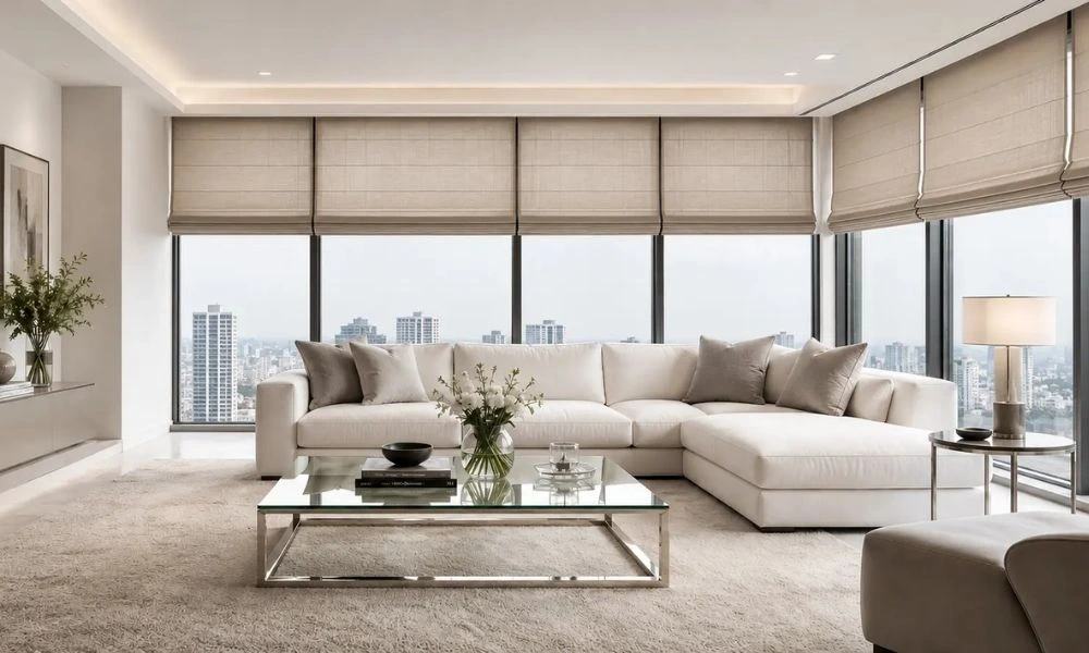 Neutral beige roman blinds living room
