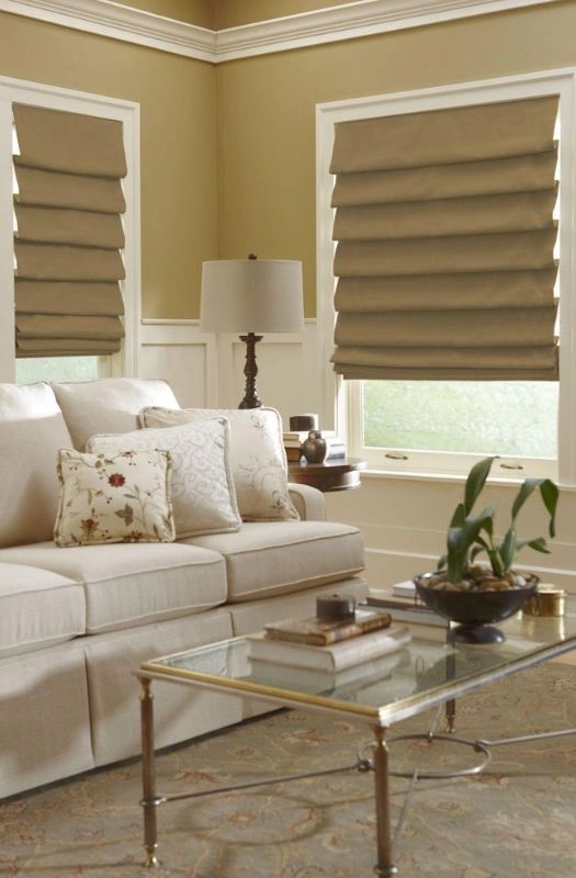 Soft tan beige waterfall roman blinds