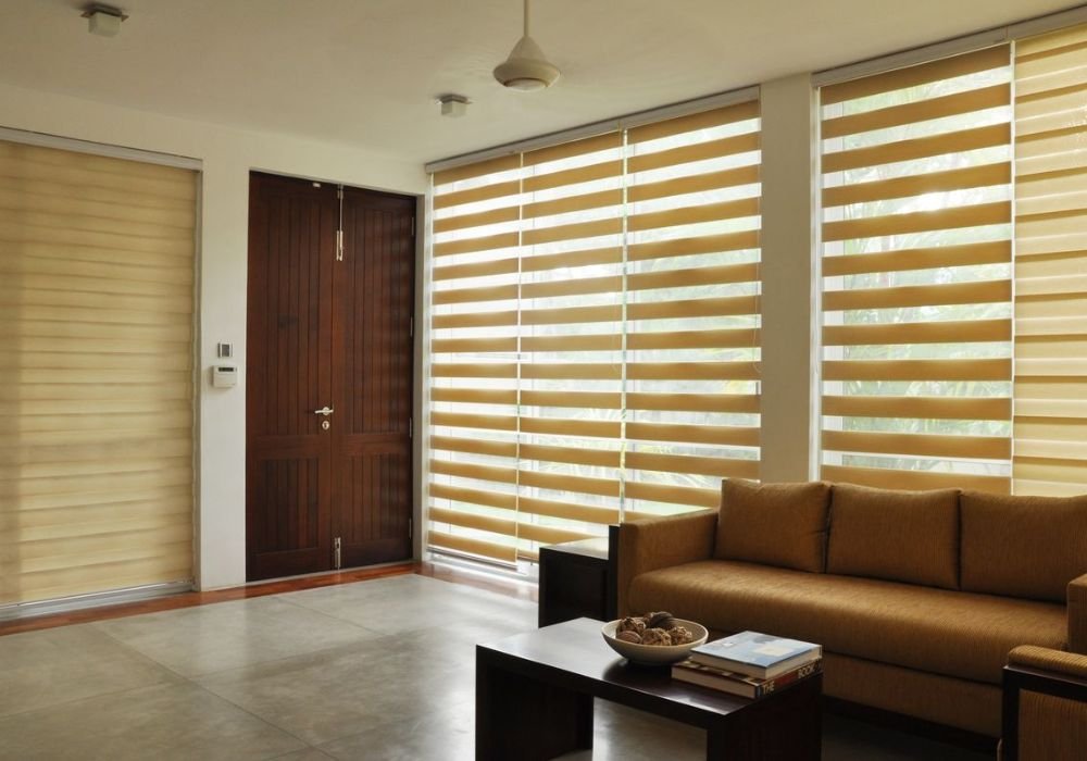 Gold beige zebra blinds living room