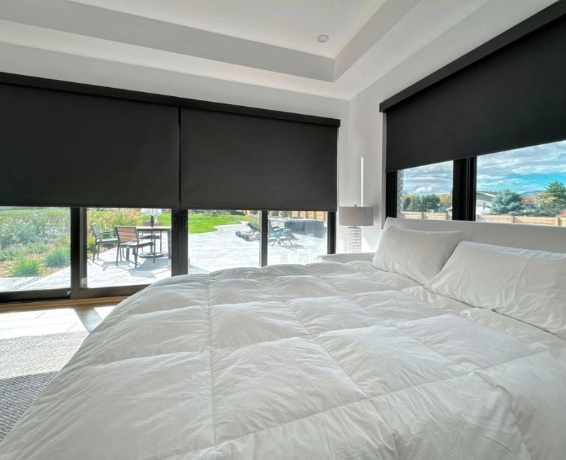 Black bedroom window light blocking blinds