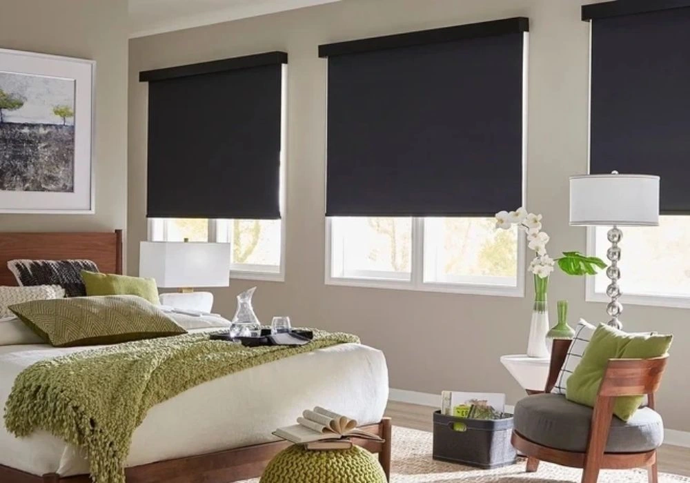 Black bedroom window blackout roller blinds