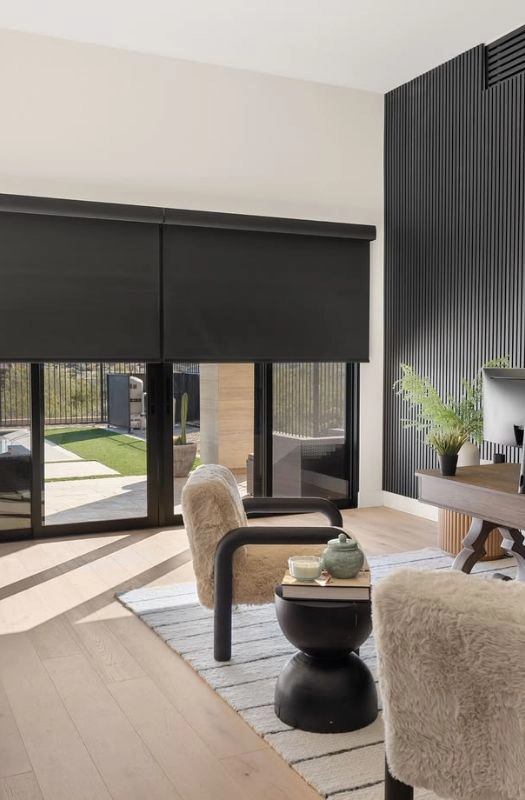 Black office window blackout roller blinds