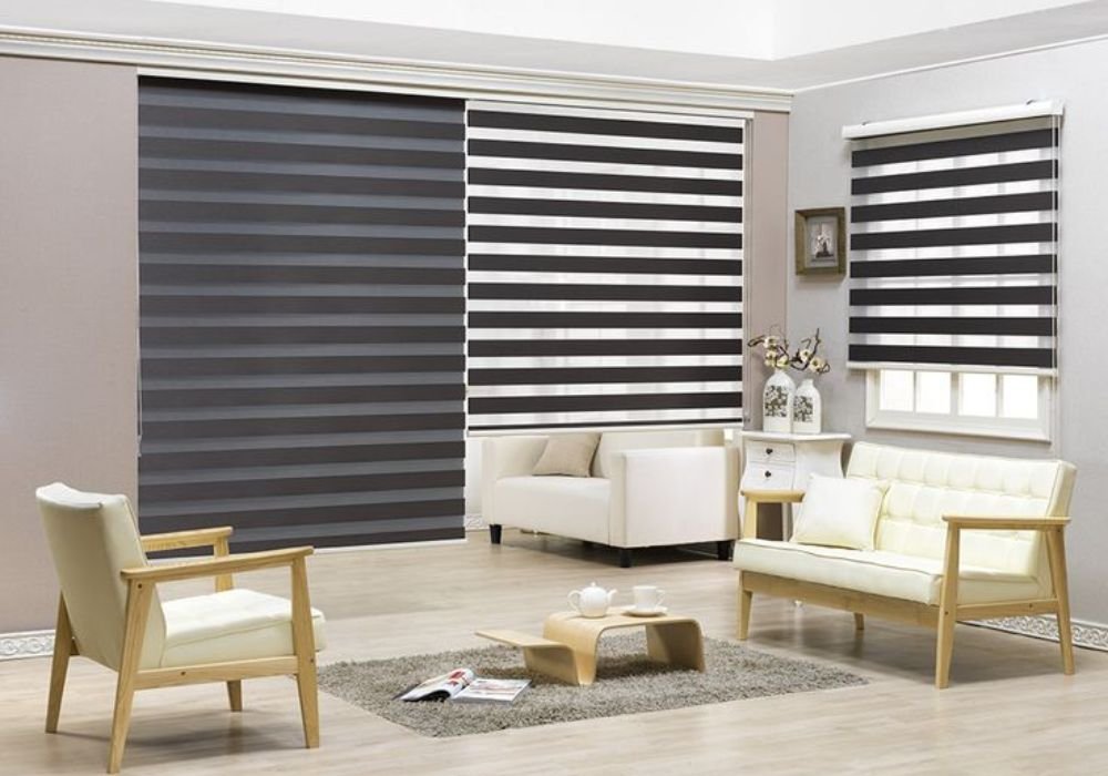 Black zebra blinds white living room