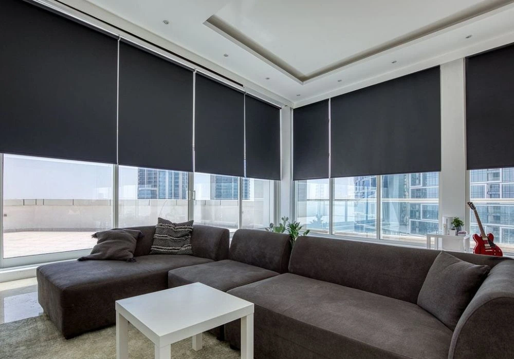 Blackout black living room roller blinds
