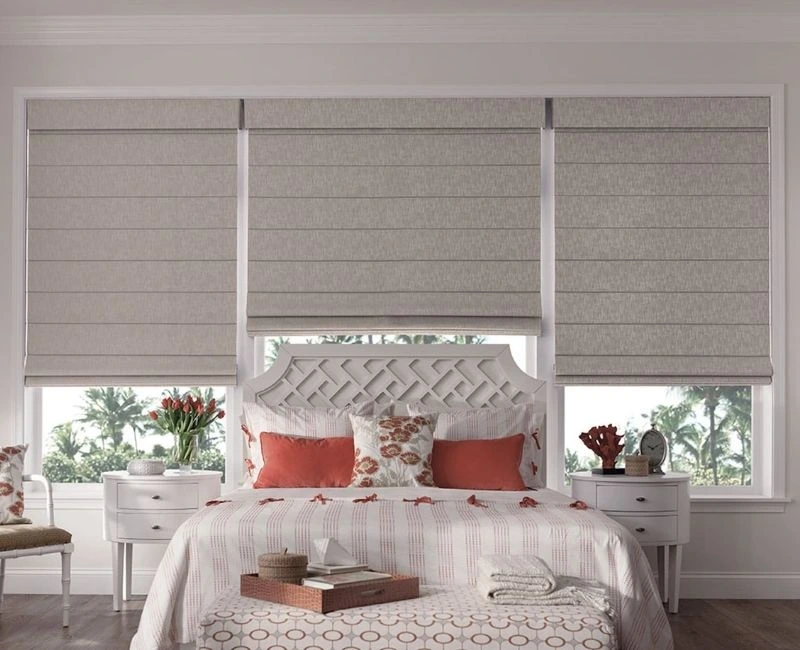 Light brown blackout roman blinds bedroom