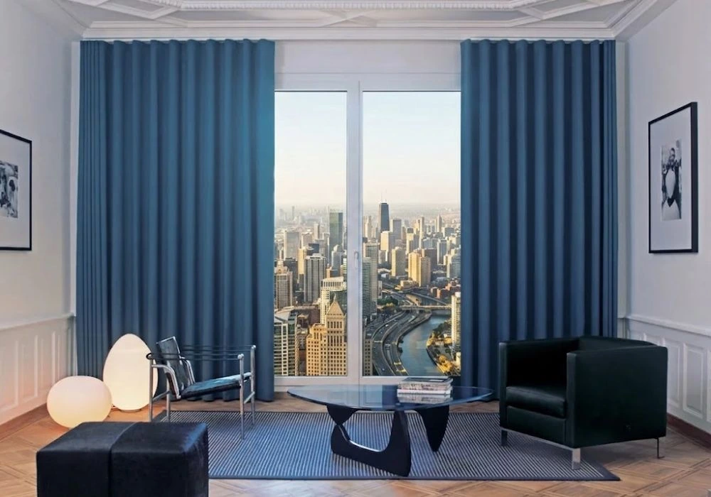 Modern blue curtains with city view Dubai
