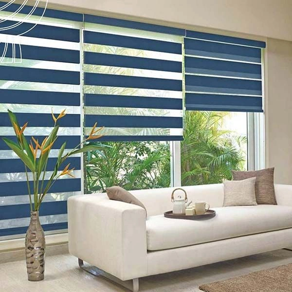 Blue zebra blinds white sofa room