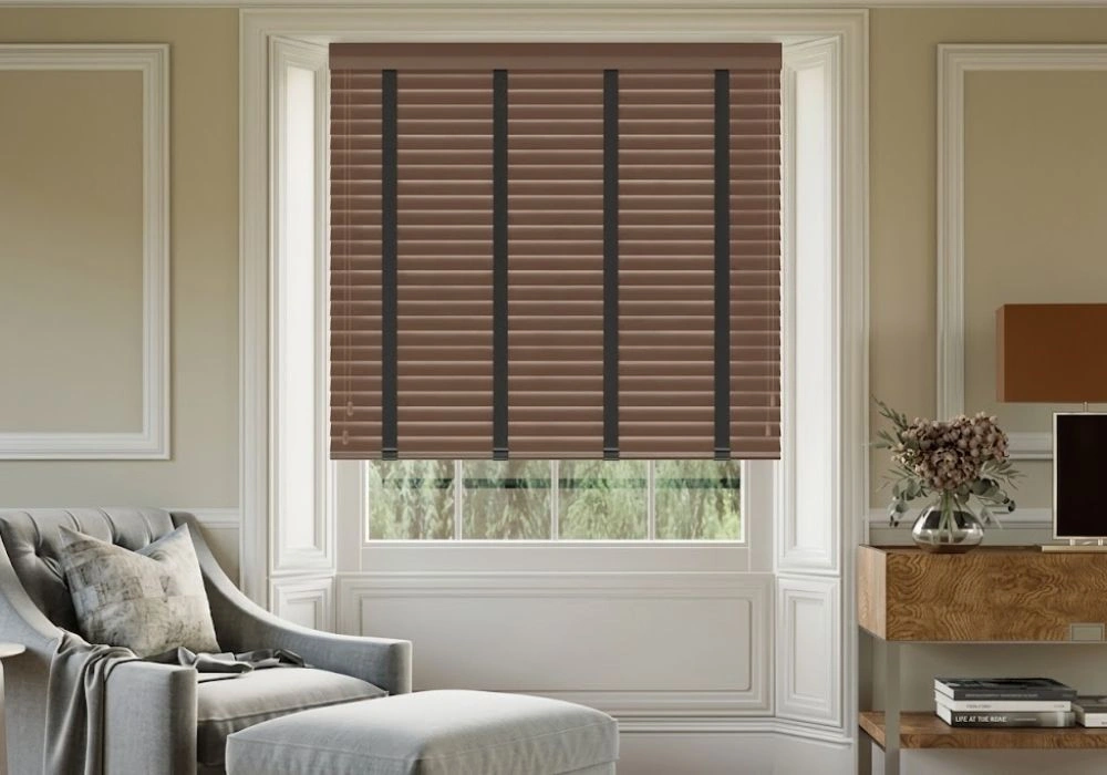 Brown Venetian blinds black tape tapes