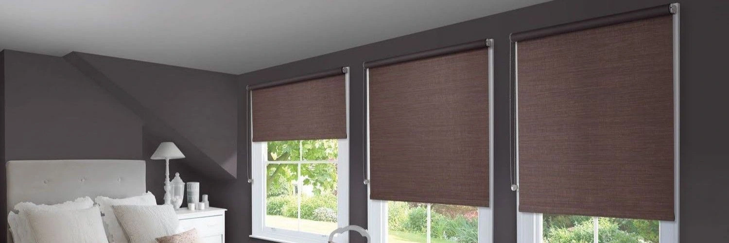 Dark brown bedroom window roller blinds