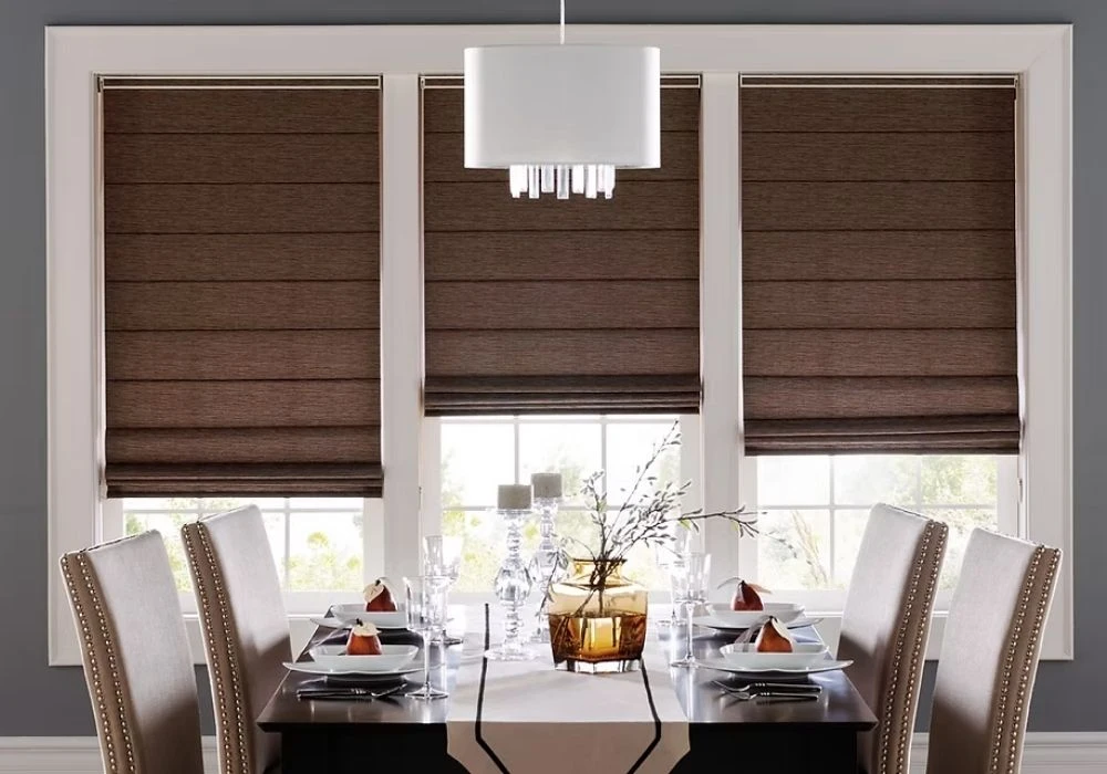 Dark brown roman blinds dining room