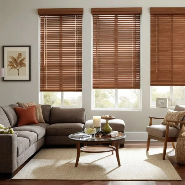 Brown wood blinds corner couch living