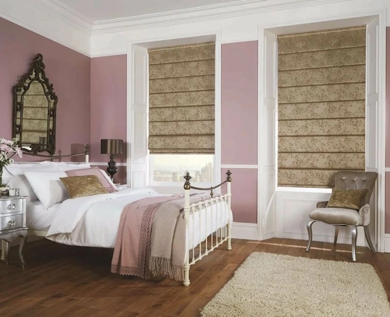 Patterned brown roman blinds bedroom window