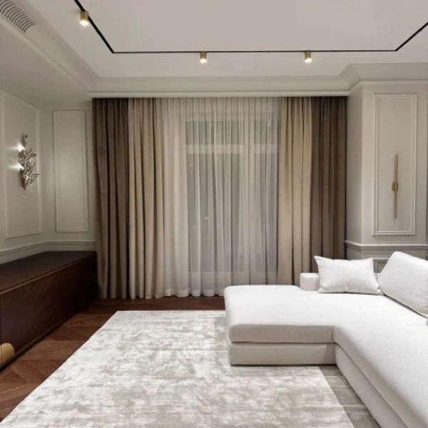 Layered beige linen curtains sheer window
