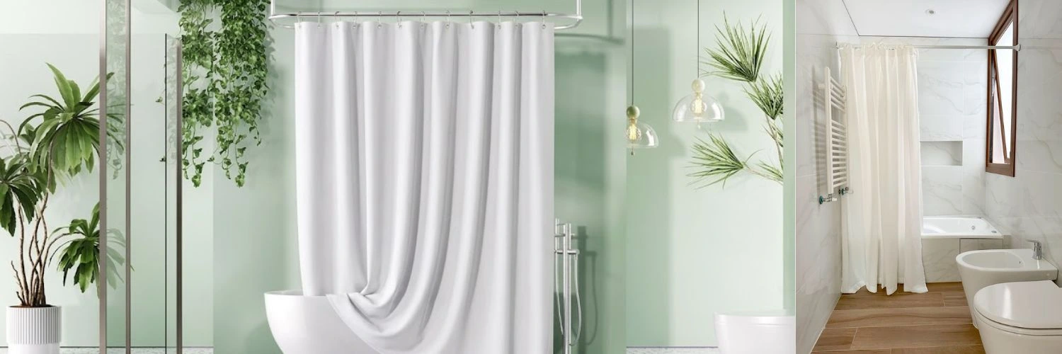 Solid white shower curtains bathroom interior