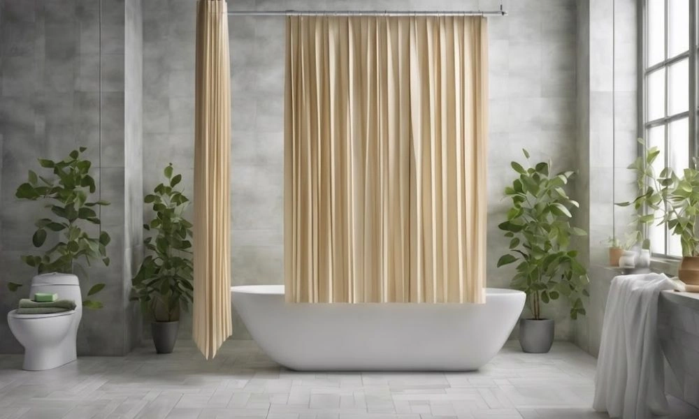 Cream pleated shower curtain hanging bathtub