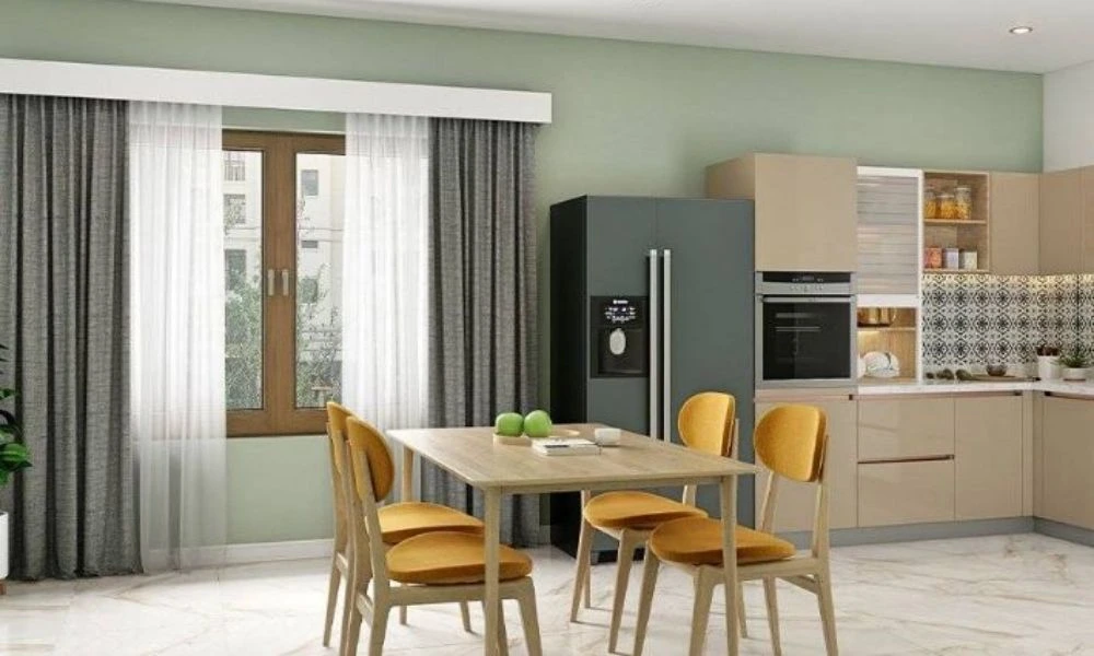 Grey curtains in modern dining kitchen