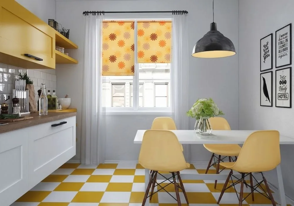 Yellow floral roller blinds on window
