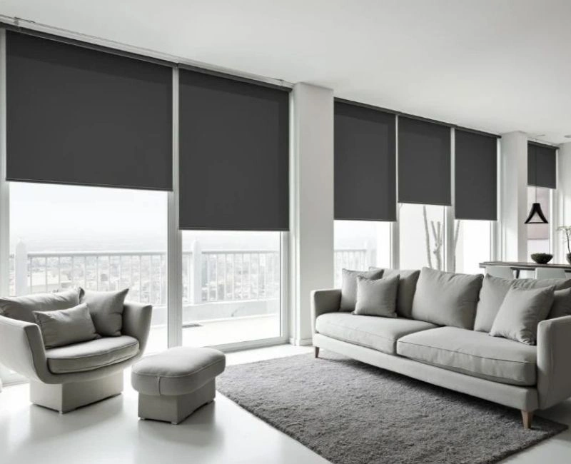Dark charcoal grey living room blinds