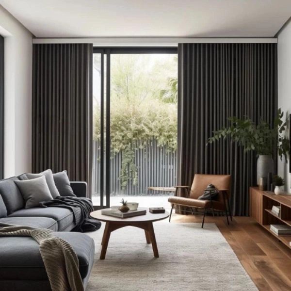 Dark charcoal grey linen curtains patio