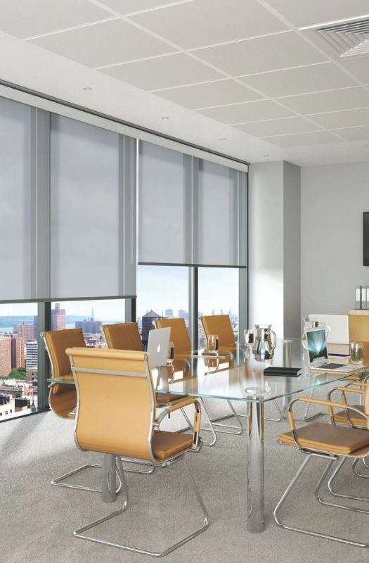 Grey office glass partition roller blinds