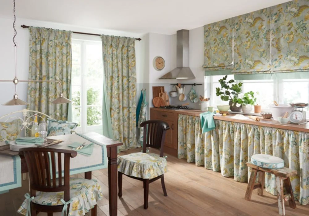 Floral printed curtains in rustic kitchen