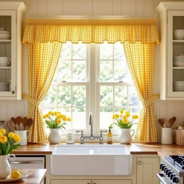 Yellow checkered kitchen curtains tied back