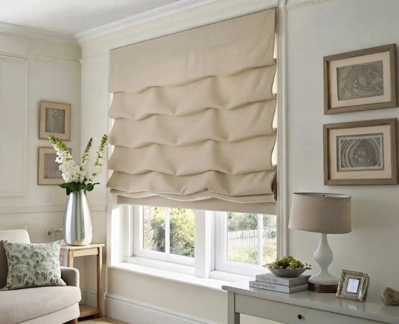 Cream waterfall relaxed roman blinds window