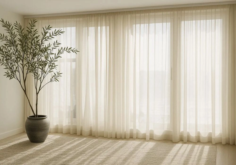 Premium cream sheer curtains indoor plant pot