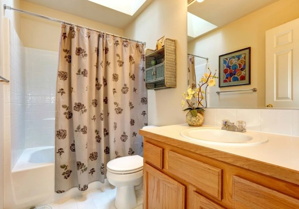 Beige floral printed fabric shower curtain