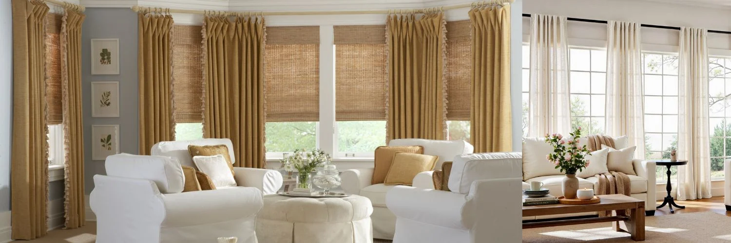 Yellow linen curtains with woven blinds