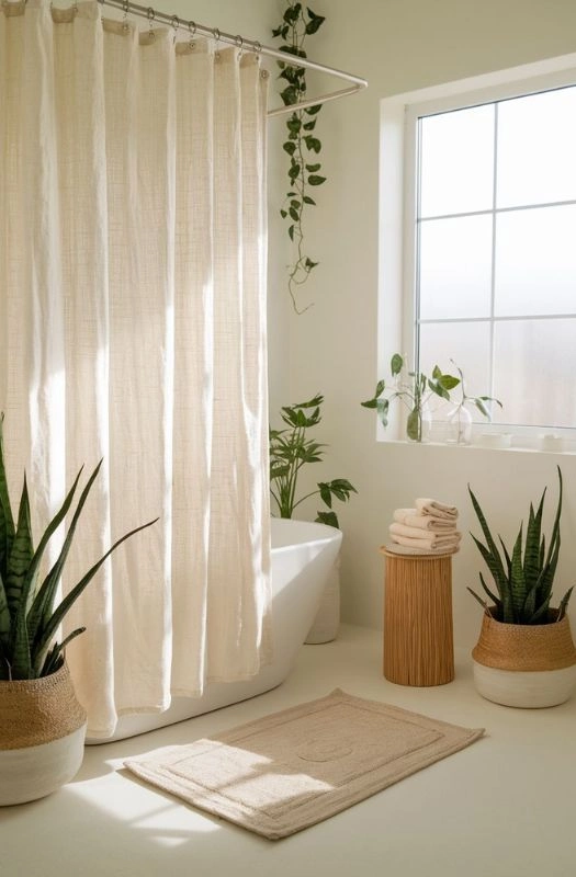 Textured off white linen shower curtain