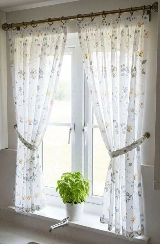 White floral sheer curtains tied back