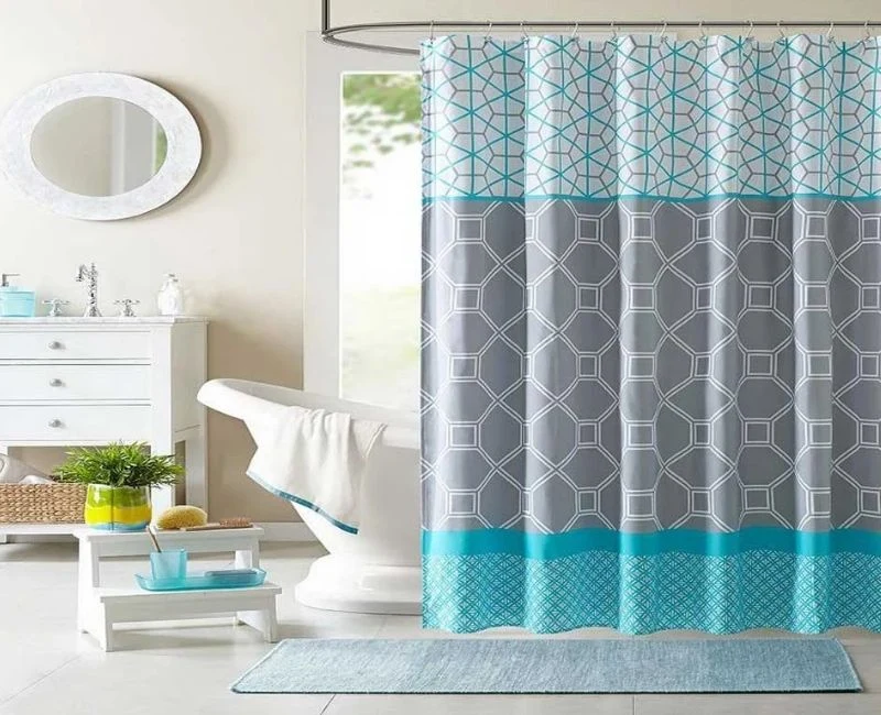 Grey geometric shower curtain blue borders