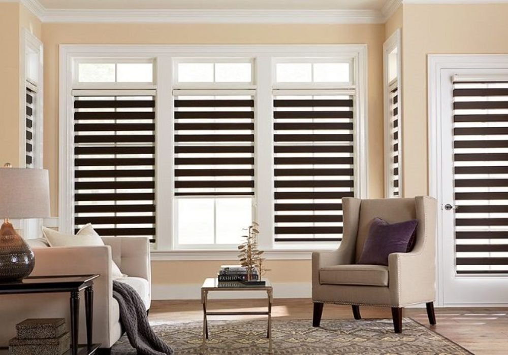 Dark brown zebra blinds living room