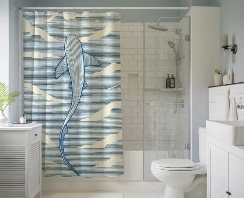 Blue shark printed shower curtain bathroom