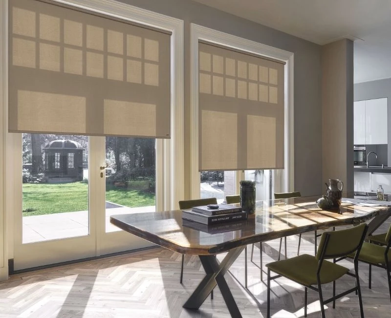 Light filtering tan dining room blinds
