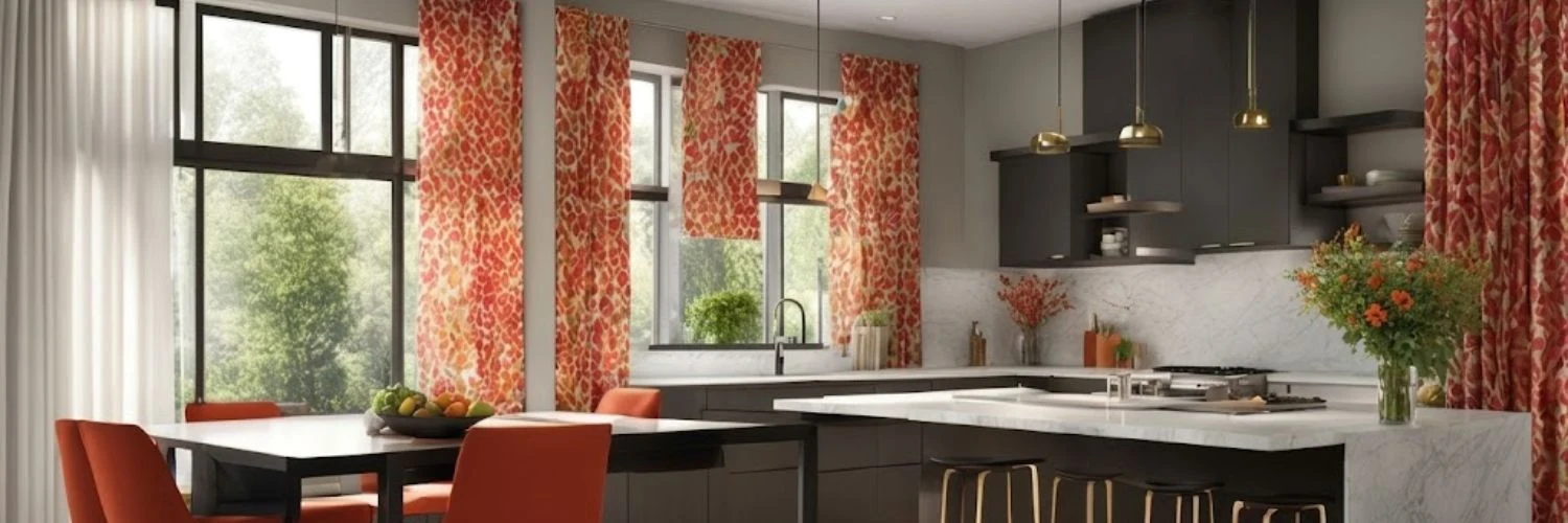 Red patterned curtains in spacious kitchen
