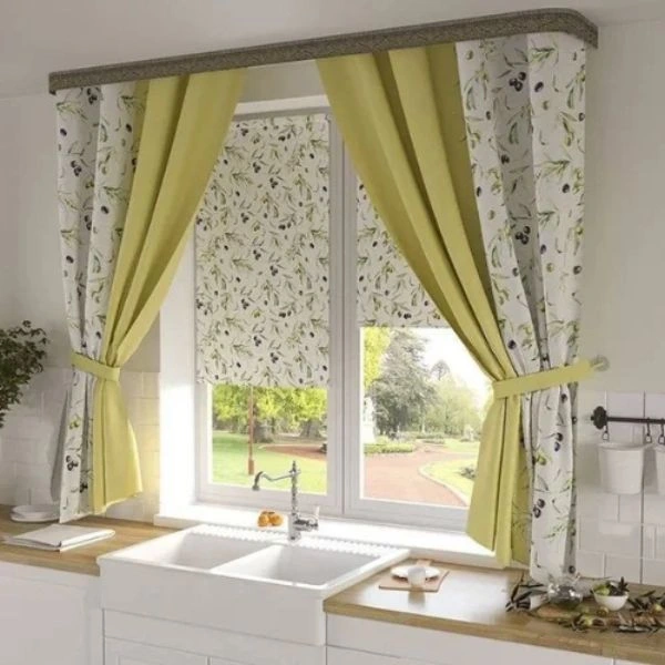 Olive green floral patterned kitchen curtains